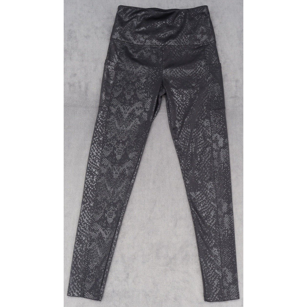 Womens Black Snakeskin Foil High Waisted Athletic Leggings with Pockets S